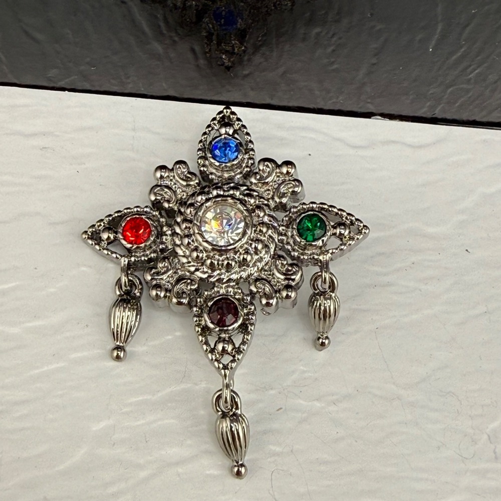 Vintage Bob Mackie Brooch Silver Maltese Cross Rhinestone Jewel Tone Signed